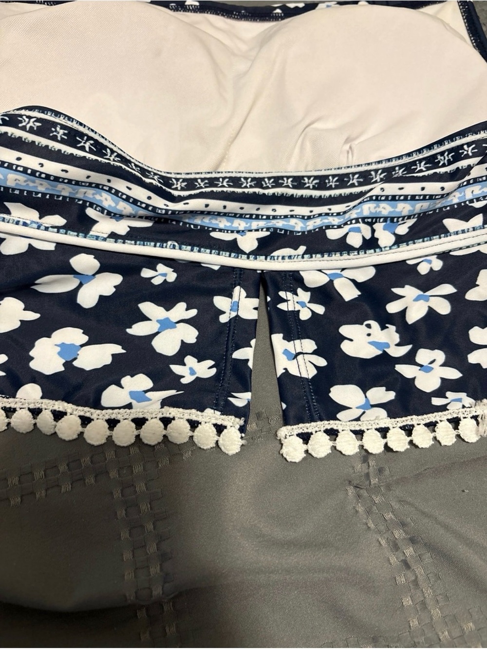 Navy Floral Two-Piece Tank and Shorts Set with Pom Trim — Please Read!! - Picture 3 of 4